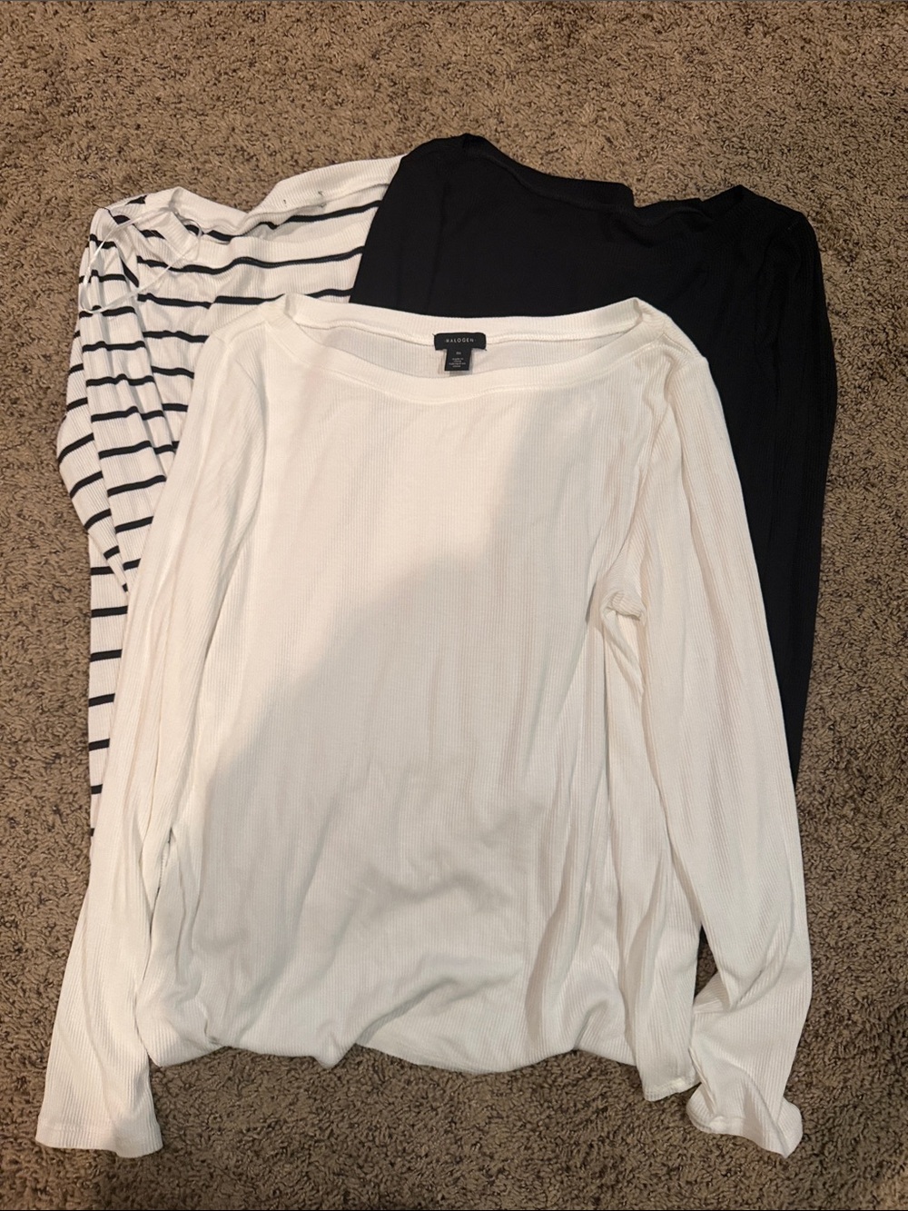 Halogen Ribbed Boat-Neck Long-Sleeve Trio in White, Black & Black-Striped White